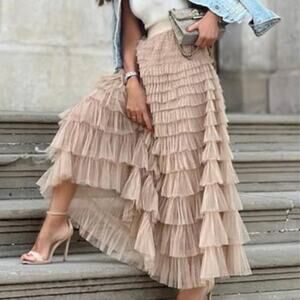 Fairy Tulle Maxi Skirt High Waisted Layered Mesh A Line Women Pink
